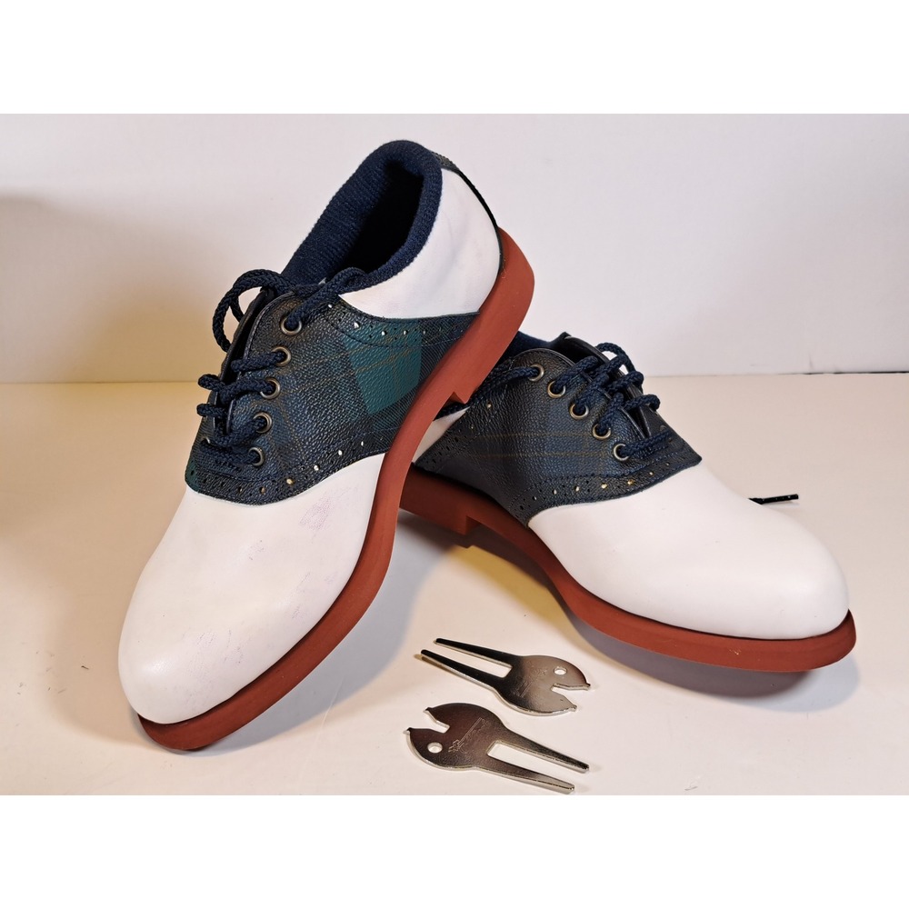 FootJoy Womens 48884 Saddle Golf Shoes White Navy‎ Green Plaid Cleated Size 6M